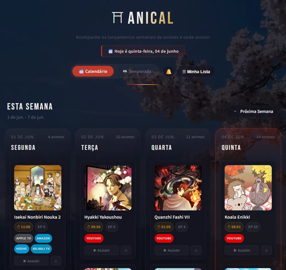 Captura de tela do Calendário de Anime — aplicação React com Axios para acompanhar lançamentos