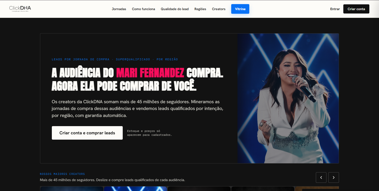 Página inicial do ClickDNA, plataforma de compra de leads qualificados