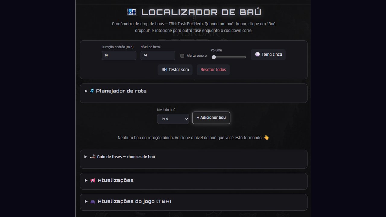 Captura de tela do Radar TBH — mercado e cronômetros de baú do jogo TBH: Task Bar Hero