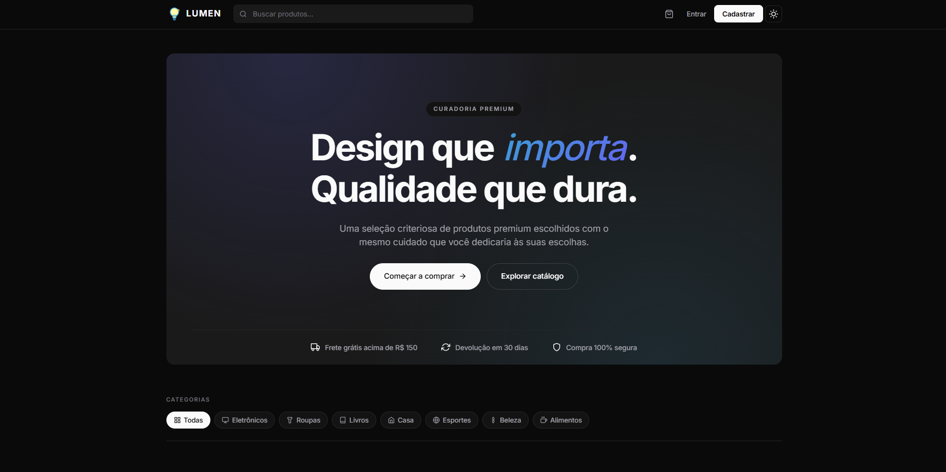 Captura de tela do Lumen E-commerce — plataforma full-stack com curadoria premium