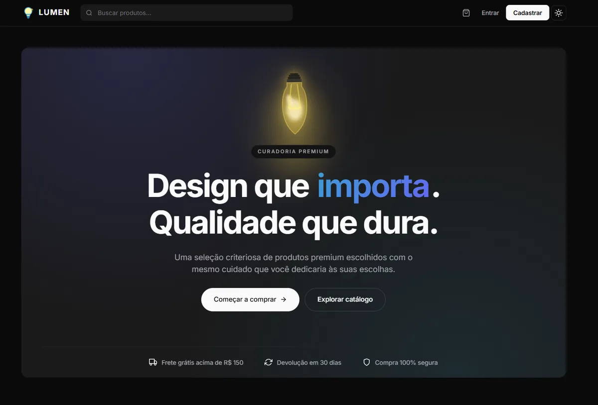 Captura de tela do Lumen E-commerce — plataforma full-stack com curadoria premium